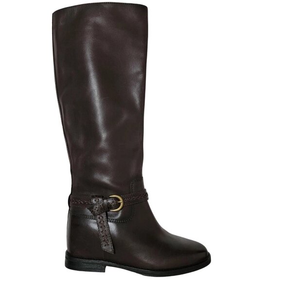Lucky Brand Maltet Tall Buckle Riding Boots Chocolate Leather 11M Stacked Heel - Picture 1 of 5